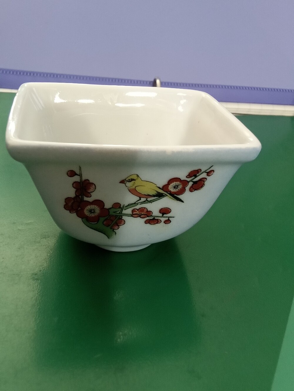 #1540 White Ceramic Square Bowl with Yellow Bird & Red Floral Accent